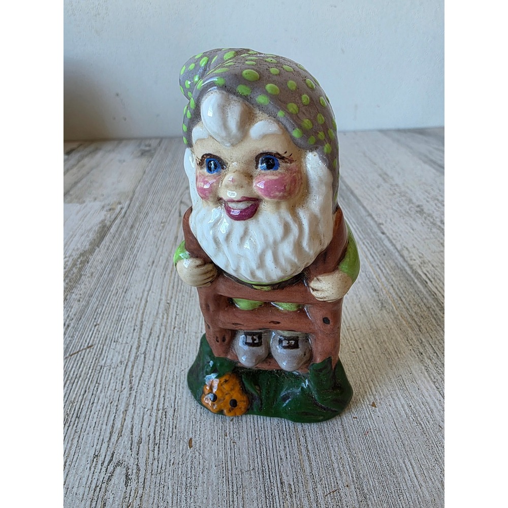 Vintage ceramic elf pixie ladder statue figurine flowers polka dot green mint